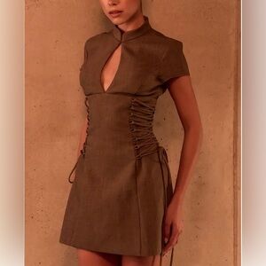 PLT Size 2 Label Mocha Tailored Band Collar Lace Up A-line Dress